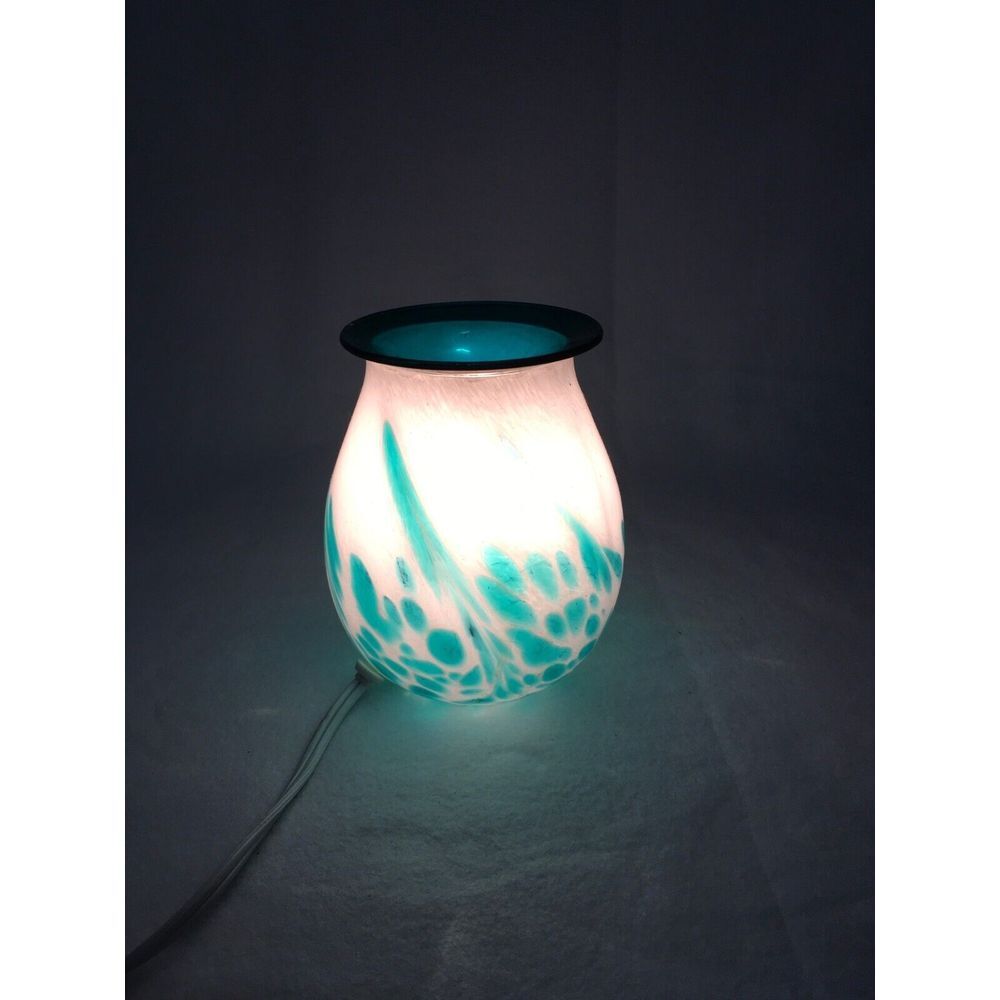 Handcrafted Glass Electric Oil Warmer Lamp With Teal Accents & Detachable Dish